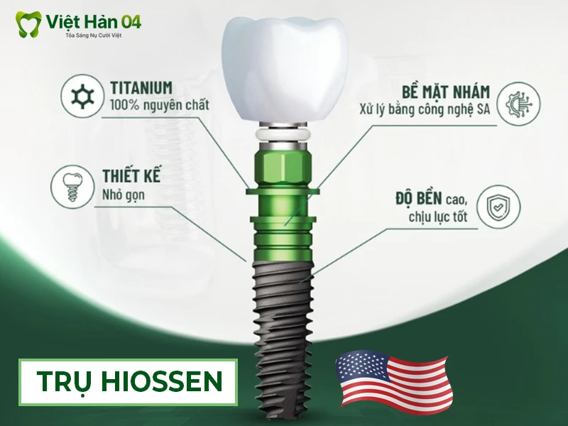Cấy ghép implant trụ hiossen nguyên chất 100% titanium, xử lý bằng công nghệ SA, độ bền cao