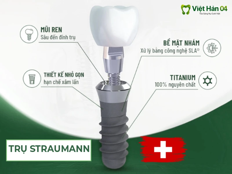 Trụ implant straumann có thiết kệ nhỏ gọn, mũi ren, bề mặt xám và 100% nguyên chất titanium