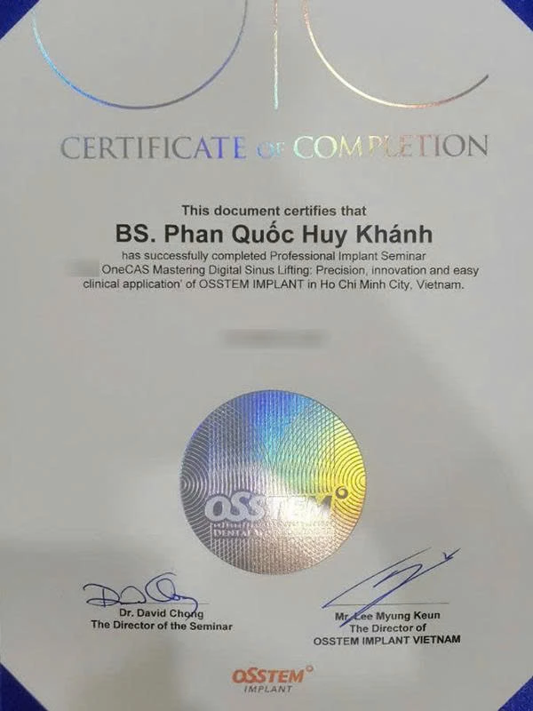 Chứng chỉ đạo tạo Osstem Implant | Bác sĩ Phan Quốc Huy Khánh