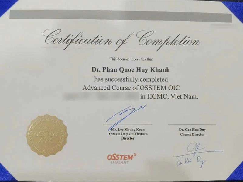 Chứng chỉ hoàn thành đạo tạo Implant | Bác sĩ Phan Quốc Huy Khánh