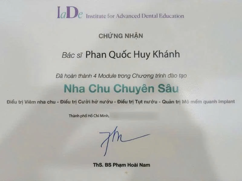 Chứng nhận Nha Chu Chuyên Sâu | Bác sĩ Phan Quốc Huy Khánh