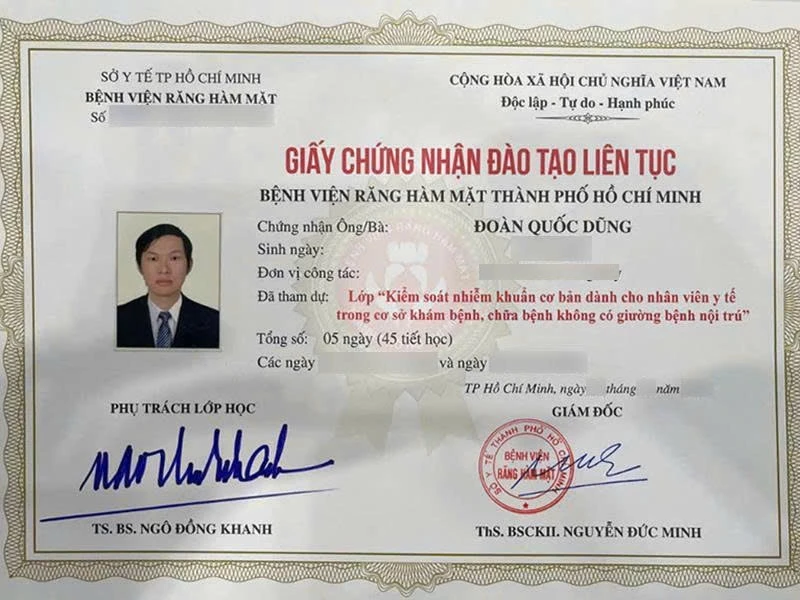 Giấy chứng nhận đào tạo liên tục "Bệnh viện Răng Hàm Mặt Thành Phố Hồ Chí Minh" | Bác sĩ Đào Quốc Dũng