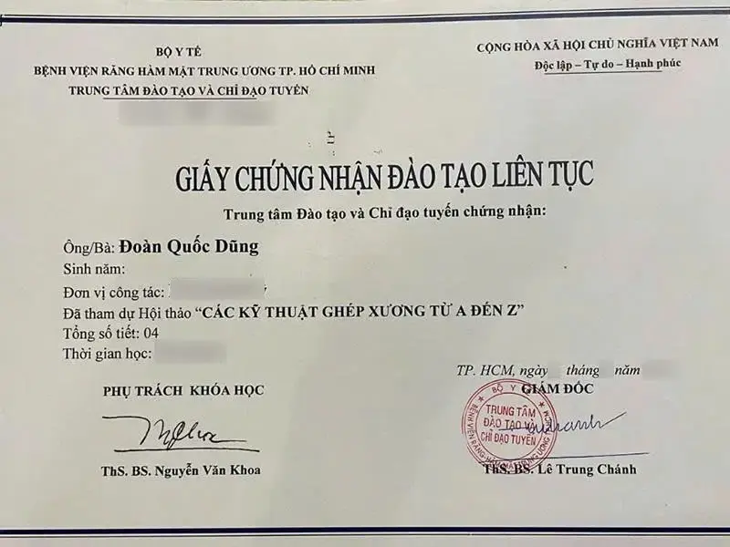 Giấy chứng nhận đào tạo liên tục các kỹ thuật ghép xương từ A đến Z - Bác sĩ CKI Đoàn Quốc Dũng
