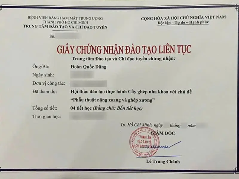 Giấy chứng nhận đào tạo liên tục: Phẫu thuật nâng xoang và ghép xương