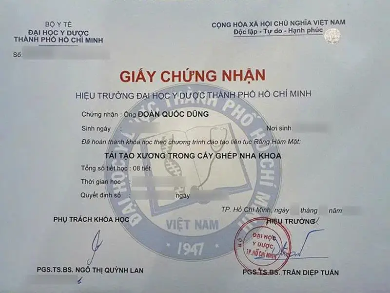 Giấy chứng nhận: Tái tạo xương trong cấy ghép nha khoa