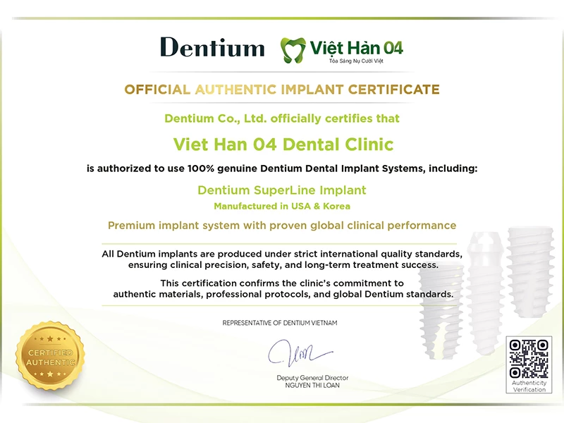 Giấy chứng nhận chứng hãng Implant Dentium SuperLine - Nha Khoa Việt Hàn 04
