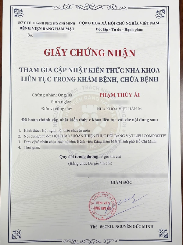 Giấy chứng nhận tham gia cập nhật kiến thức nha khoa liên tục trong khám bệnh, chữa bệnh